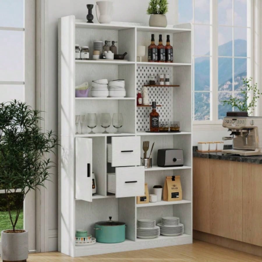 Bookshelf and Bookcase with Pegboard and Drawer or Kitchen Pantry Cabinet, 9 Cubby Display Book Shelves, Modern Wide Wood Shelving Unit Living Room or Kitchen and Dinning Room, White