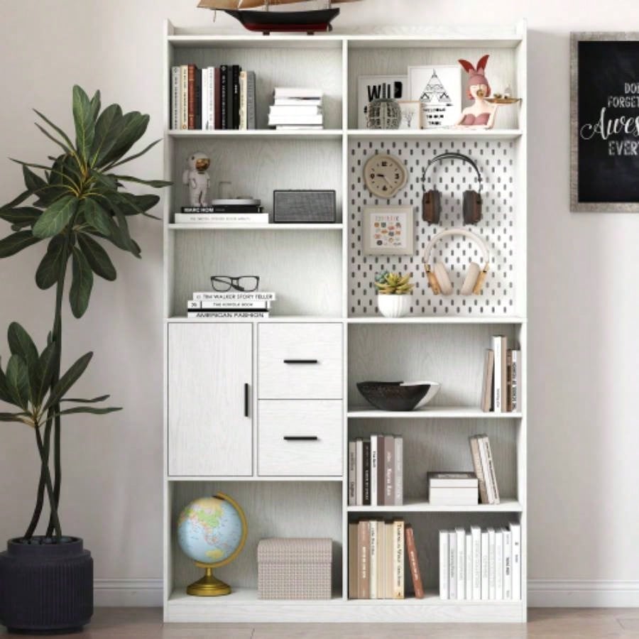 Bookshelf and Bookcase with Pegboard and Drawer or Kitchen Pantry Cabinet, 9 Cubby Display Book Shelves, Modern Wide Wood Shelving Unit Living Room or Kitchen and Dinning Room, White