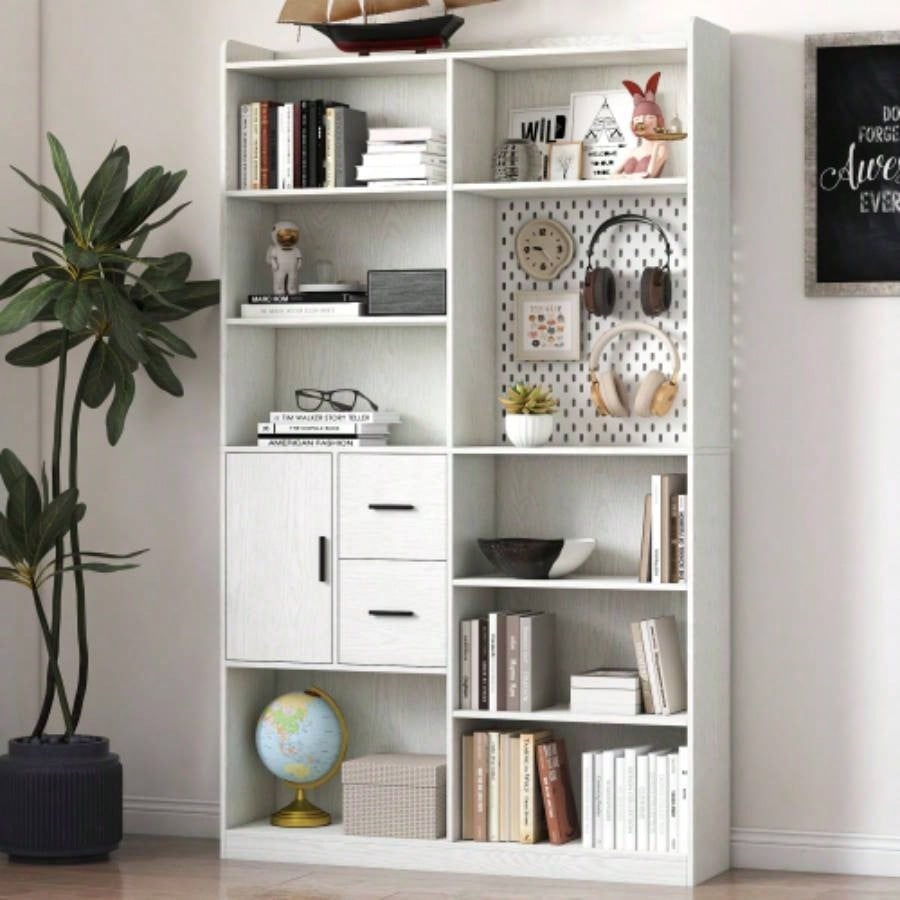 Bookshelf and Bookcase with Pegboard and Drawer or Kitchen Pantry Cabinet, 9 Cubby Display Book Shelves, Modern Wide Wood Shelving Unit Living Room or Kitchen and Dinning Room, White