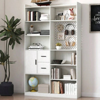 Bookshelf and Bookcase with Pegboard and Drawer or Kitchen Pantry Cabinet, 9 Cubby Display Book Shelves, Modern Wide Wood Shelving Unit Living Room or Kitchen and Dinning Room, White