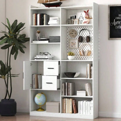Bookshelf and Bookcase with Pegboard and Drawer or Kitchen Pantry Cabinet, 9 Cubby Display Book Shelves, Modern Wide Wood Shelving Unit Living Room or Kitchen and Dinning Room, White