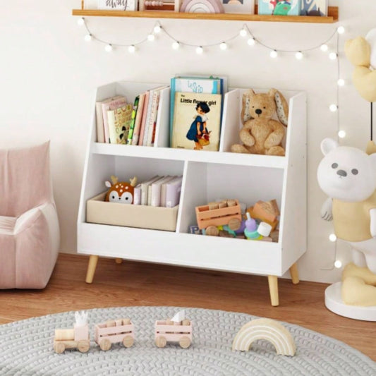 Kids Bookshelf and Toy Organizer, 5 Cubbies Wooden Open Bookcase, 2 - Tier Storage Display Organizer with, Standing Playing Room, Bedroom, Nursery, Classroom, White