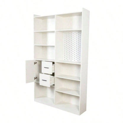 Bookshelf and Bookcase with Pegboard and Drawer or Kitchen Pantry Cabinet, 9 Cubby Display Book Shelves, Modern Wide Wood Shelving Unit Living Room or Kitchen and Dinning Room, White