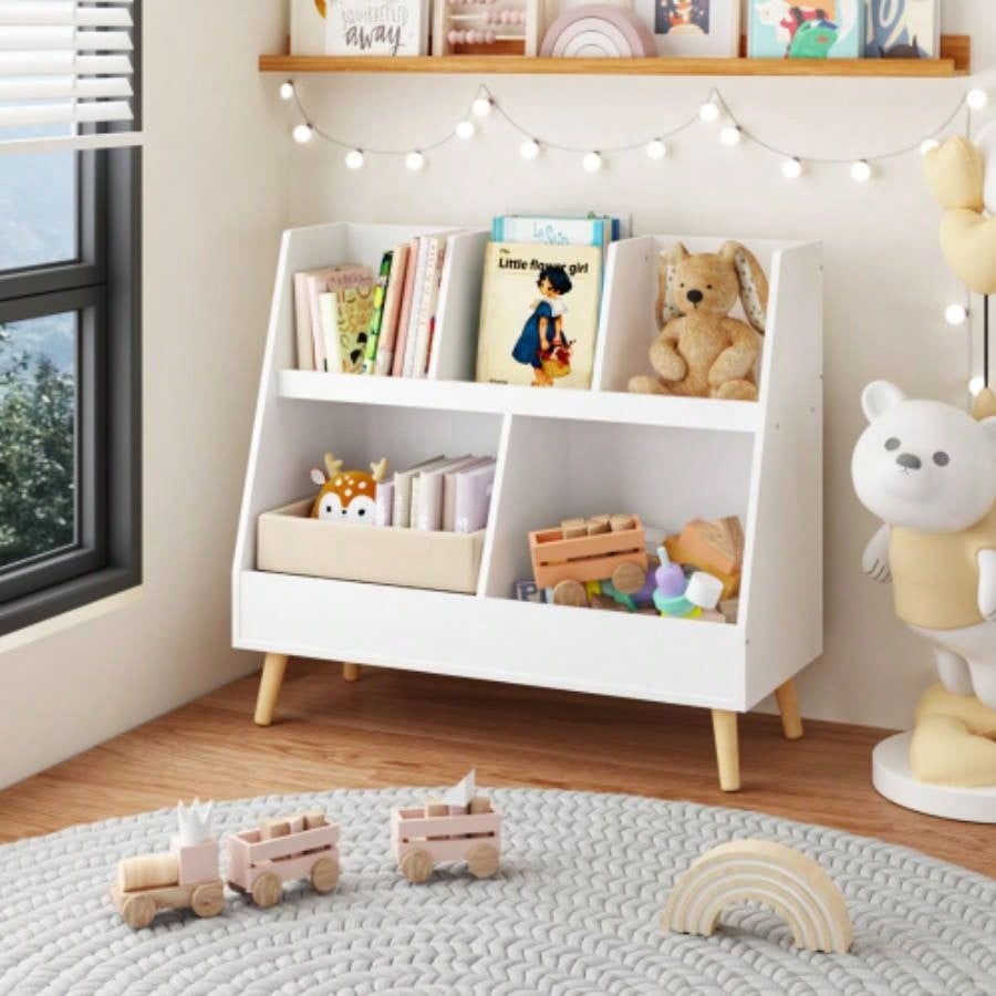 Kids Bookshelf and Toy Organizer, 5 Cubbies Wooden Open Bookcase, 2 - Tier Storage Display Organizer with, Standing Playing Room, Bedroom, Nursery, Classroom, White