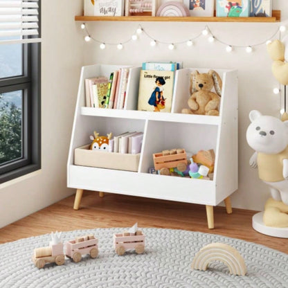Kids Bookshelf and Toy Organizer, 5 Cubbies Wooden Open Bookcase, 2 - Tier Storage Display Organizer with, Standing Playing Room, Bedroom, Nursery, Classroom, White