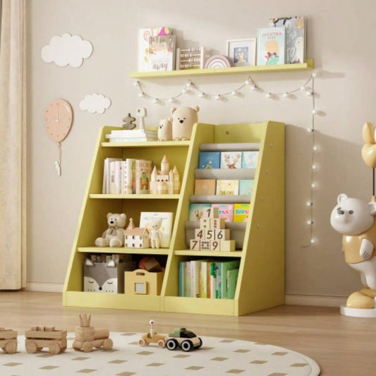 Yellow Wooden Toy Storage Organizer Cabinet Kids Bookshelf Children Bookcase Toddler Sling Book Rack Shelf Playroom Bedroom Nursery Hallway School Kindergarten Living Roomy