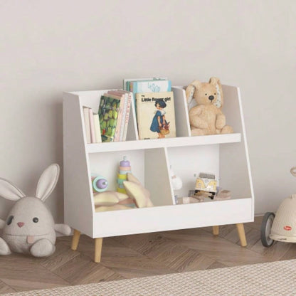Kids Bookshelf and Toy Organizer, 5 Cubbies Wooden Open Bookcase, 2 - Tier Storage Display Organizer with, Standing Playing Room, Bedroom, Nursery, Classroom, White