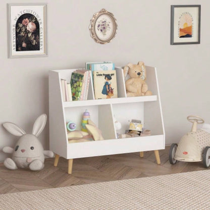 Kids Bookshelf and Toy Organizer, 5 Cubbies Wooden Open Bookcase, 2 - Tier Storage Display Organizer with, Standing Playing Room, Bedroom, Nursery, Classroom, White