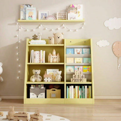 Yellow Wooden Toy Storage Organizer Cabinet Kids Bookshelf Children Bookcase Toddler Sling Book Rack Shelf Playroom Bedroom Nursery Hallway School Kindergarten Living Roomy