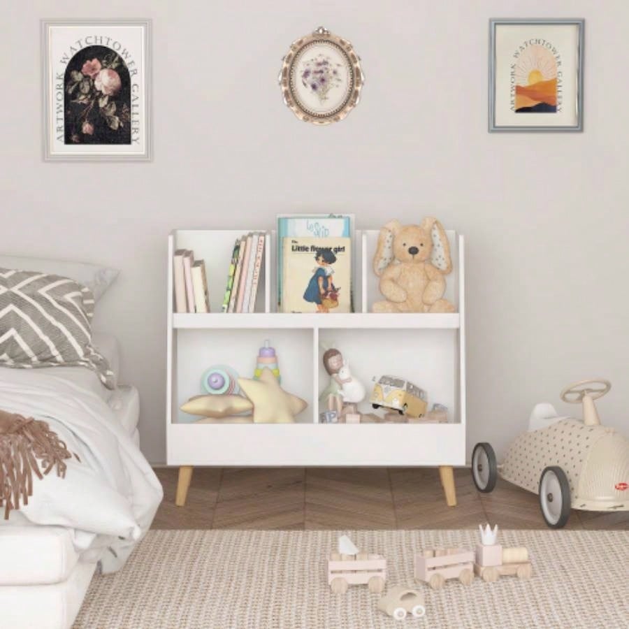 Kids Bookshelf and Toy Organizer, 5 Cubbies Wooden Open Bookcase, 2 - Tier Storage Display Organizer with, Standing Playing Room, Bedroom, Nursery, Classroom, White