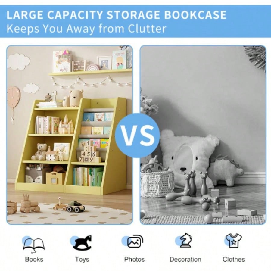 Yellow Wooden Toy Storage Organizer Cabinet Kids Bookshelf Children Bookcase Toddler Sling Book Rack Shelf Playroom Bedroom Nursery Hallway School Kindergarten Living Roomy