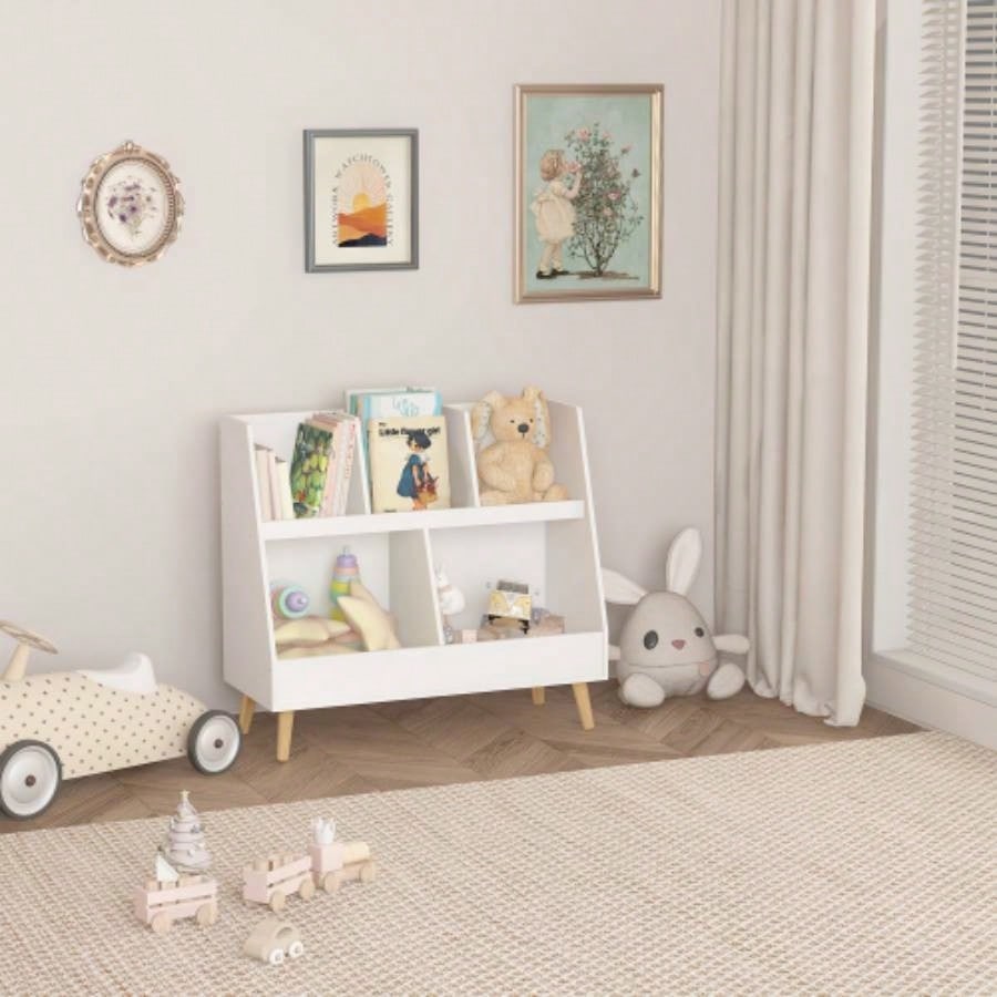 Kids Bookshelf and Toy Organizer, 5 Cubbies Wooden Open Bookcase, 2 - Tier Storage Display Organizer with, Standing Playing Room, Bedroom, Nursery, Classroom, White