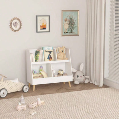 Kids Bookshelf and Toy Organizer, 5 Cubbies Wooden Open Bookcase, 2 - Tier Storage Display Organizer with, Standing Playing Room, Bedroom, Nursery, Classroom, White