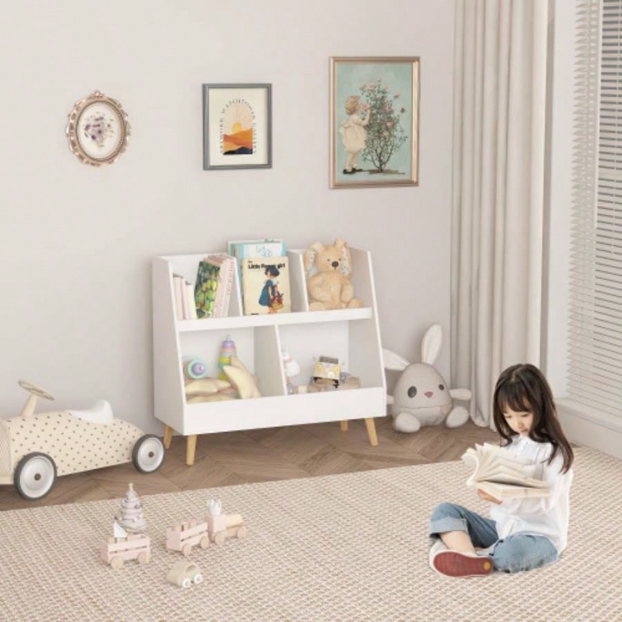 Kids Bookshelf and Toy Organizer, 5 Cubbies Wooden Open Bookcase, 2 - Tier Storage Display Organizer with, Standing Playing Room, Bedroom, Nursery, Classroom, White