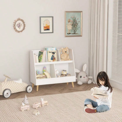 Kids Bookshelf and Toy Organizer, 5 Cubbies Wooden Open Bookcase, 2 - Tier Storage Display Organizer with, Standing Playing Room, Bedroom, Nursery, Classroom, White
