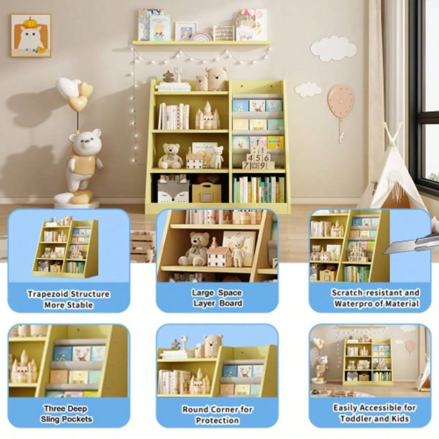 Yellow Wooden Toy Storage Organizer Cabinet Kids Bookshelf Children Bookcase Toddler Sling Book Rack Shelf Playroom Bedroom Nursery Hallway School Kindergarten Living Roomy