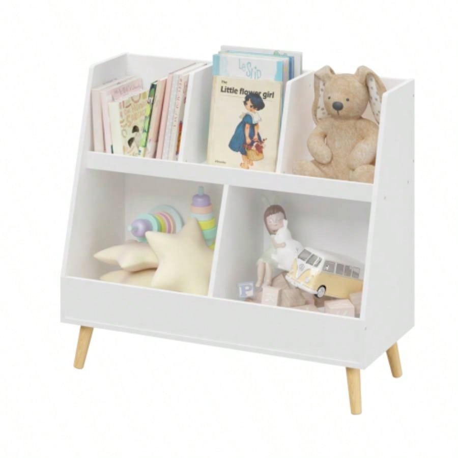 Kids Bookshelf and Toy Organizer, 5 Cubbies Wooden Open Bookcase, 2 - Tier Storage Display Organizer with, Standing Playing Room, Bedroom, Nursery, Classroom, White