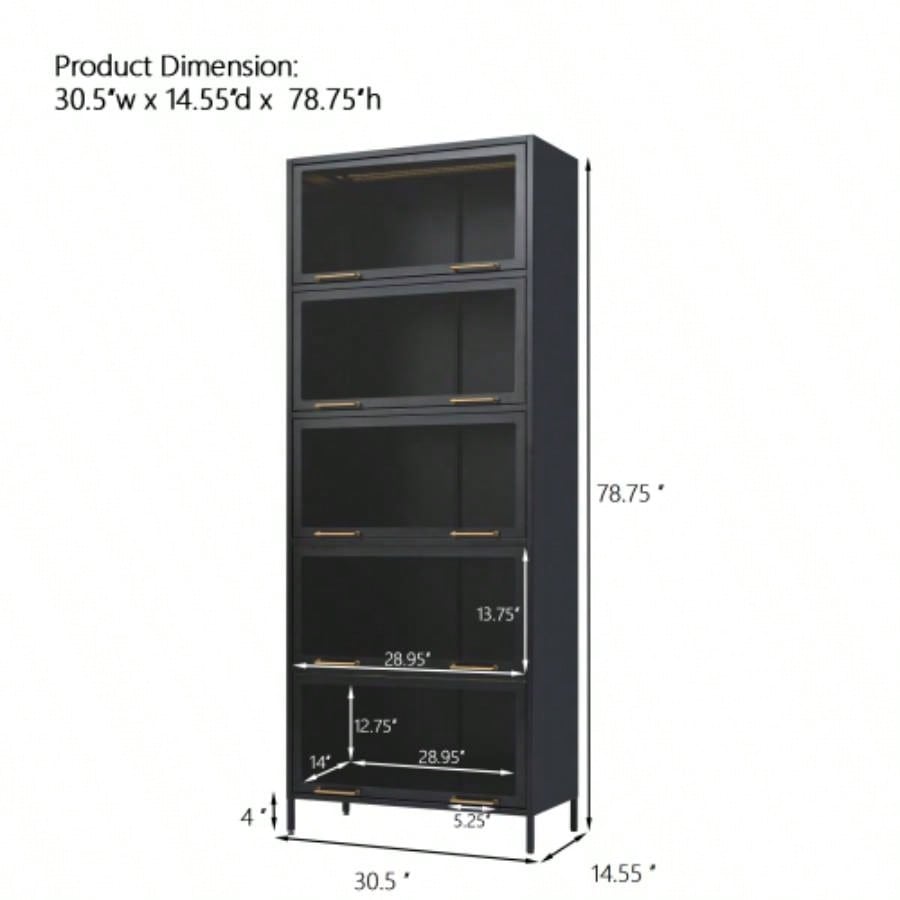 78.75 Tall Iron Display Cabinet with Glass Doors, 5 - Tier Steel Barister Bookcase with LED Lights Collectibles, Modern Style Curio Cabinet Home Living Room Office Study Playroom - Black