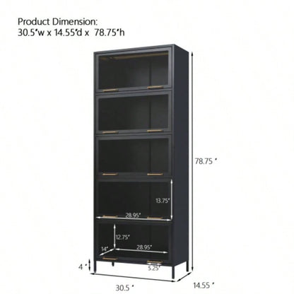 78.75 Tall Iron Display Cabinet with Glass Doors, 5 - Tier Steel Barister Bookcase with LED Lights Collectibles, Modern Style Curio Cabinet Home Living Room Office Study Playroom - Black