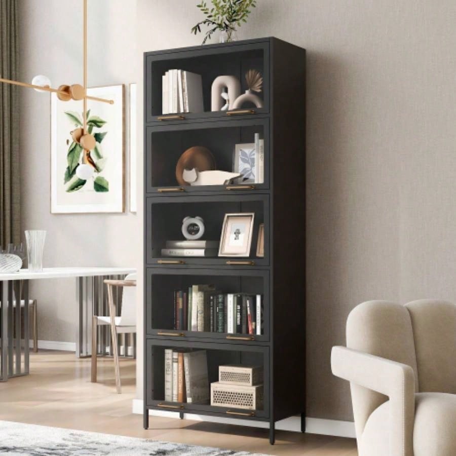 78.75 Tall Iron Display Cabinet with Glass Doors, 5 - Tier Steel Barister Bookcase with LED Lights Collectibles, Modern Style Curio Cabinet Home Living Room Office Study Playroom - Black