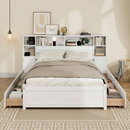 White Wooden Storage Bed with Tall Extended Bookcase Headboard, 6 Drawers and Charging Station Teens Adults, No Box Spring Needed, Twin