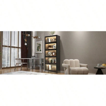 78.75 Tall Iron Display Cabinet with Glass Doors, 5 - Tier Steel Barister Bookcase with LED Lights Collectibles, Modern Style Curio Cabinet Home Living Room Office Study Playroom - Black