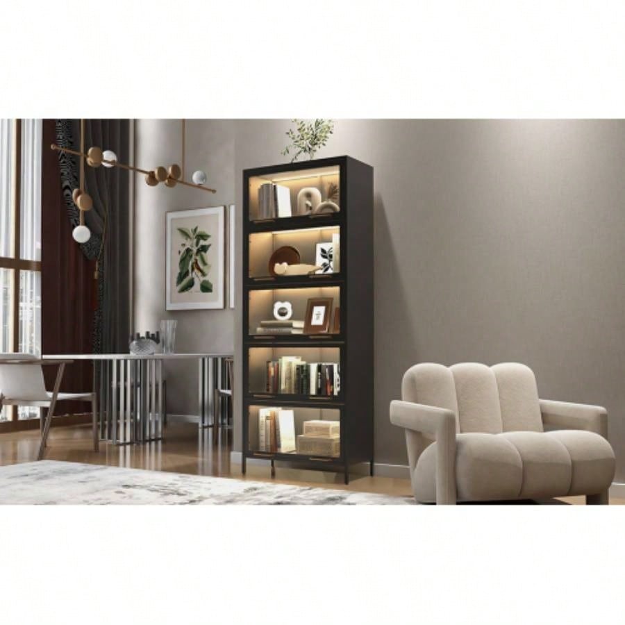 78.75 Tall Iron Display Cabinet with Glass Doors, 5 - Tier Steel Barister Bookcase with LED Lights Collectibles, Modern Style Curio Cabinet Home Living Room Office Study Playroom - Black