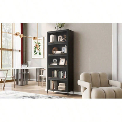 78.75 Tall Iron Display Cabinet with Glass Doors, 5 - Tier Steel Barister Bookcase with LED Lights Collectibles, Modern Style Curio Cabinet Home Living Room Office Study Playroom - Black