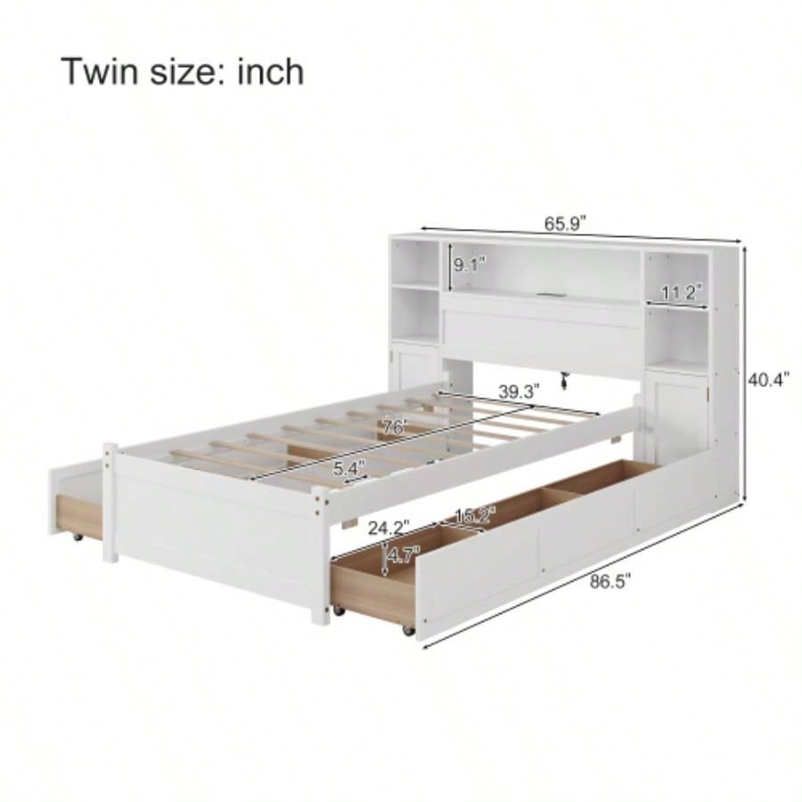 White Wooden Storage Bed with Tall Extended Bookcase Headboard, 6 Drawers and Charging Station Teens Adults, No Box Spring Needed, Twin