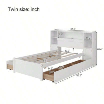 White Wooden Storage Bed with Tall Extended Bookcase Headboard, 6 Drawers and Charging Station Teens Adults, No Box Spring Needed, Twin