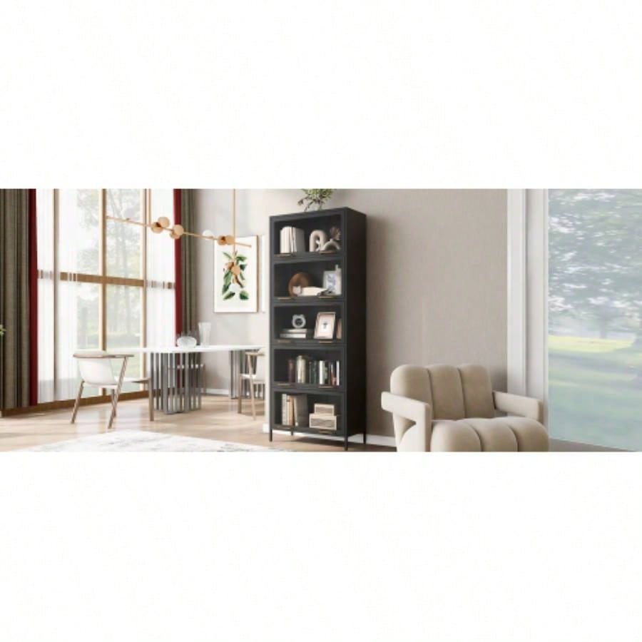 78.75 Tall Iron Display Cabinet with Glass Doors, 5 - Tier Steel Barister Bookcase with LED Lights Collectibles, Modern Style Curio Cabinet Home Living Room Office Study Playroom - Black