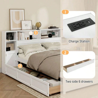 White Wooden Storage Bed with Tall Extended Bookcase Headboard, 6 Drawers and Charging Station Teens Adults, No Box Spring Needed, Twin