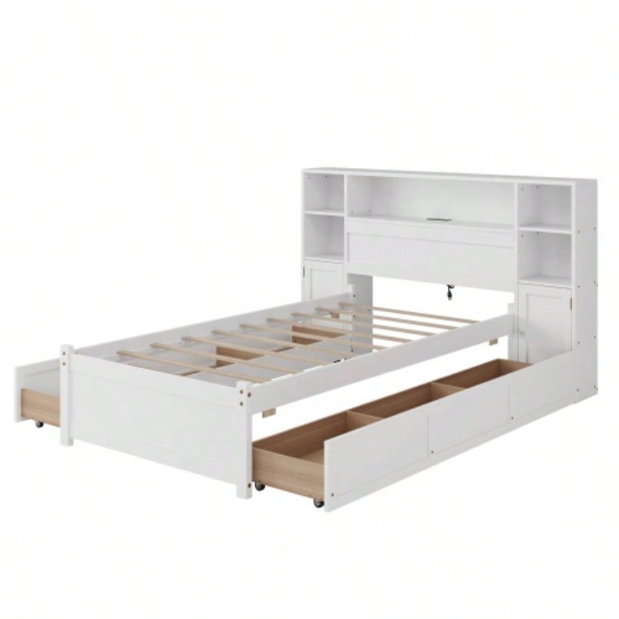 White Wooden Storage Bed with Tall Extended Bookcase Headboard, 6 Drawers and Charging Station Teens Adults, No Box Spring Needed, Twin