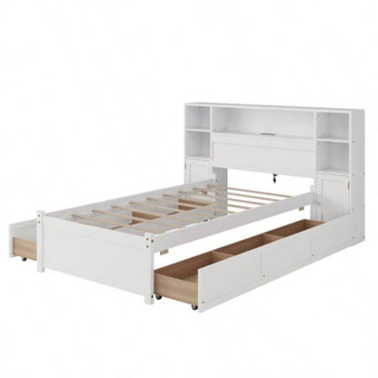 White Wooden Storage Bed with Tall Extended Bookcase Headboard, 6 Drawers and Charging Station Teens Adults, No Box Spring Needed, Twin