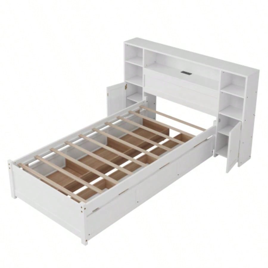 White Wooden Storage Bed with Tall Extended Bookcase Headboard, 6 Drawers and Charging Station Teens Adults, No Box Spring Needed, Twin