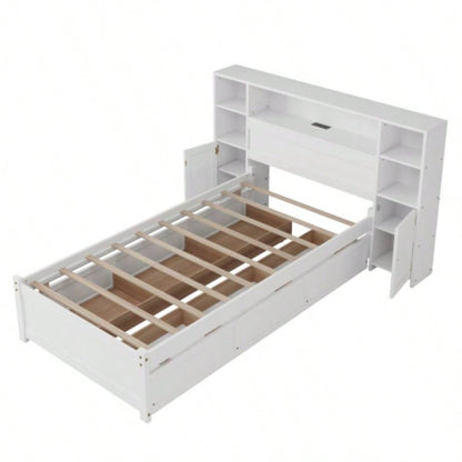 White Wooden Storage Bed with Tall Extended Bookcase Headboard, 6 Drawers and Charging Station Teens Adults, No Box Spring Needed, Twin