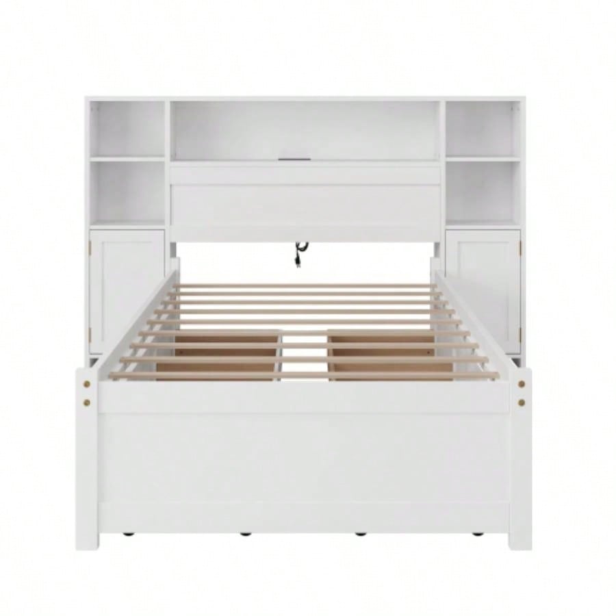 White Wooden Storage Bed with Tall Extended Bookcase Headboard, 6 Drawers and Charging Station Teens Adults, No Box Spring Needed, Twin