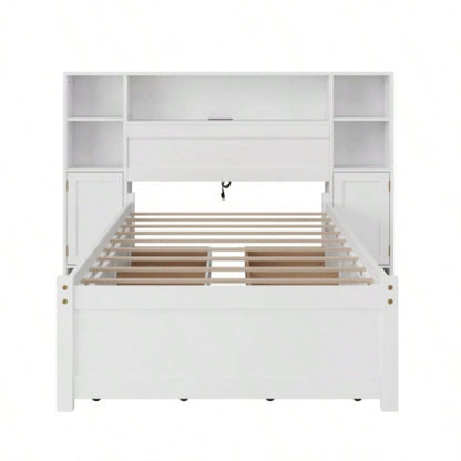 White Wooden Storage Bed with Tall Extended Bookcase Headboard, 6 Drawers and Charging Station Teens Adults, No Box Spring Needed, Twin