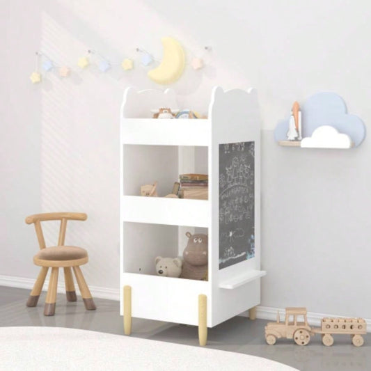 Kids Bookshelf with Chalkboard Side - Bear - Shaped Wooden Bookcase with 3 - Tier Storage, Drawing Board Toddlers, Toy and Book Organizer Playroom or Bedroom - White