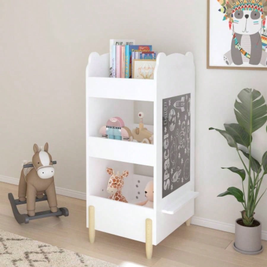 Kids Bookshelf with Chalkboard Side - Bear - Shaped Wooden Bookcase with 3 - Tier Storage, Drawing Board Toddlers, Toy and Book Organizer Playroom or Bedroom - White