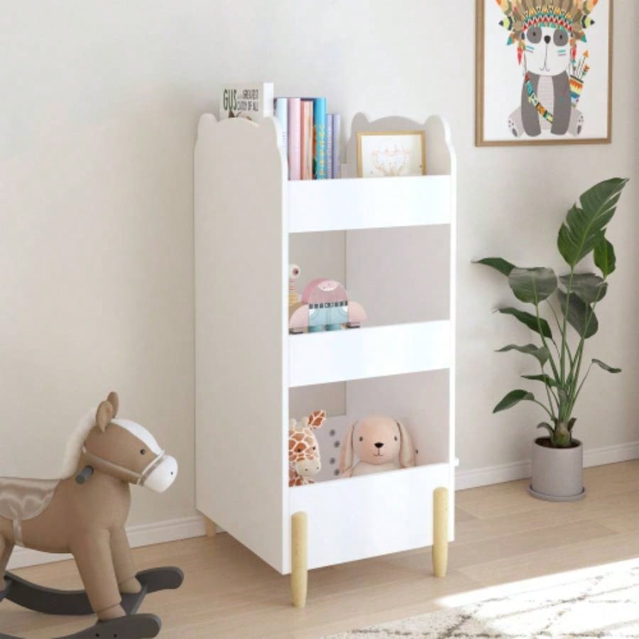 Kids Bookshelf with Chalkboard Side - Bear - Shaped Wooden Bookcase with 3 - Tier Storage, Drawing Board Toddlers, Toy and Book Organizer Playroom or Bedroom - White