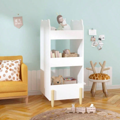 Kids Bookshelf with Chalkboard Side - Bear - Shaped Wooden Bookcase with 3 - Tier Storage, Drawing Board Toddlers, Toy and Book Organizer Playroom or Bedroom - White