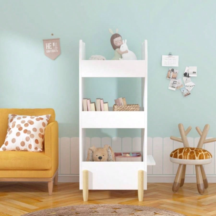 Kids Bookshelf with Chalkboard Side - Bear - Shaped Wooden Bookcase with 3 - Tier Storage, Drawing Board Toddlers, Toy and Book Organizer Playroom or Bedroom - White