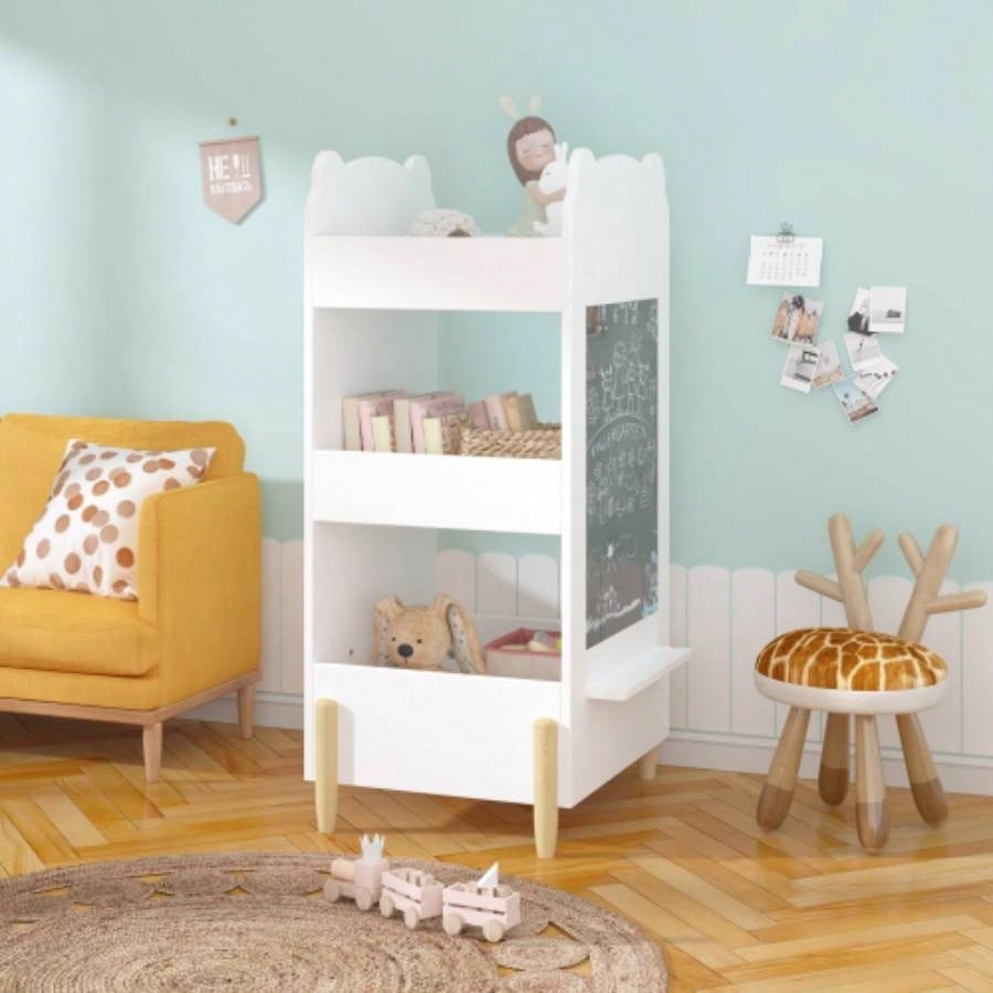 Kids Bookshelf with Chalkboard Side - Bear - Shaped Wooden Bookcase with 3 - Tier Storage, Drawing Board Toddlers, Toy and Book Organizer Playroom or Bedroom - White
