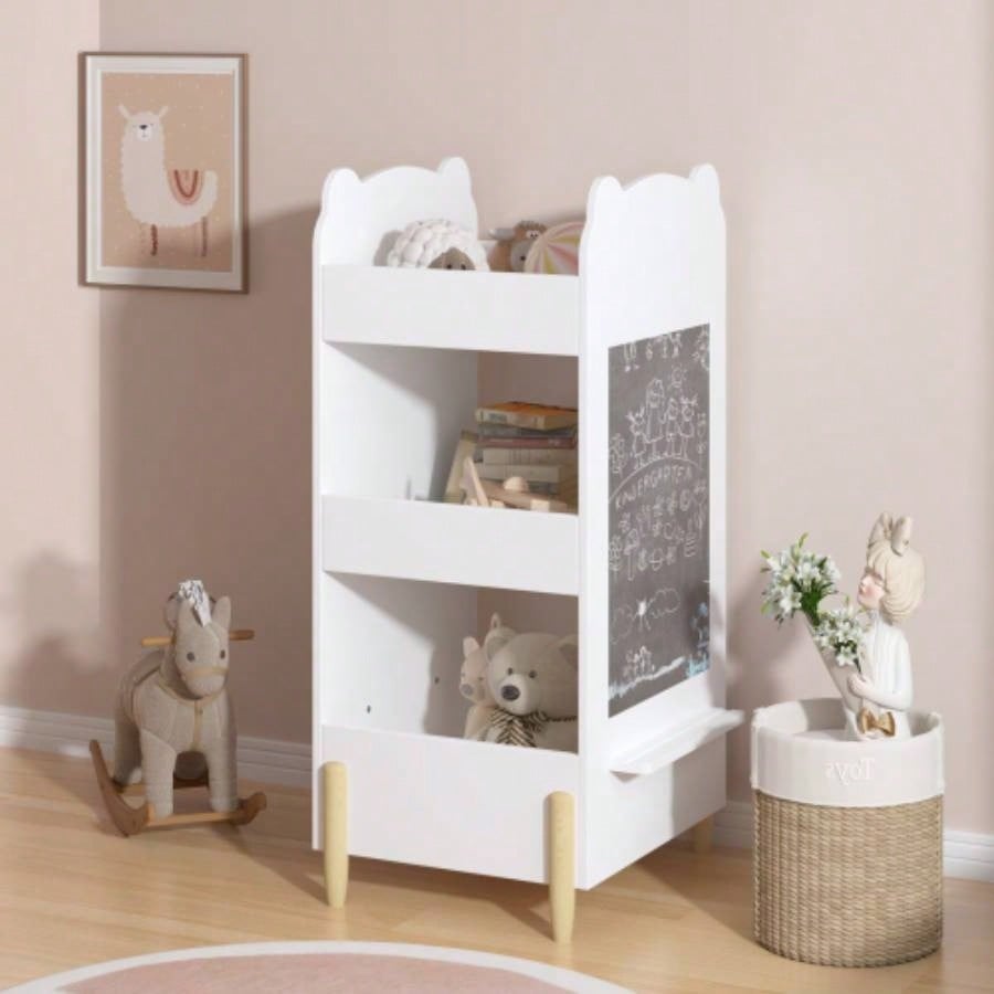Kids Bookshelf with Chalkboard Side - Bear - Shaped Wooden Bookcase with 3 - Tier Storage, Drawing Board Toddlers, Toy and Book Organizer Playroom or Bedroom - White