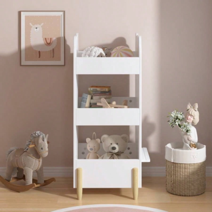 Kids Bookshelf with Chalkboard Side - Bear - Shaped Wooden Bookcase with 3 - Tier Storage, Drawing Board Toddlers, Toy and Book Organizer Playroom or Bedroom - White