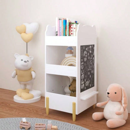 Kids Bookshelf with Chalkboard Side - Bear - Shaped Wooden Bookcase with 3 - Tier Storage, Drawing Board Toddlers, Toy and Book Organizer Playroom or Bedroom - White