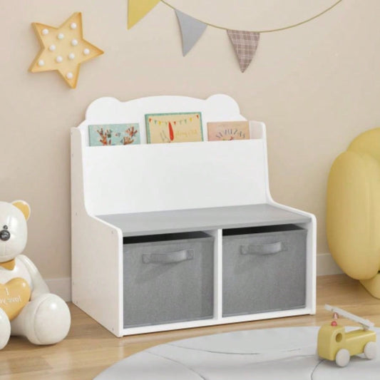 Kids Bookshelf with Storage Bins - Wooden Bookcase with Book Display Shelf and 2 Fabric Bins, Cute Bear - Shaped Backboard, Toy Organizer Toddlers and Children, White and Gray