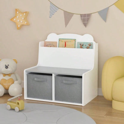 Kids Bookshelf with Storage Bins - Wooden Bookcase with Book Display Shelf and 2 Fabric Bins, Cute Bear - Shaped Backboard, Toy Organizer Toddlers and Children, White and Gray