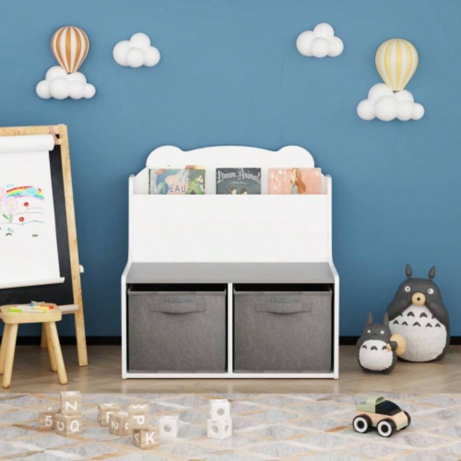 Kids Bookshelf with Storage Bins - Wooden Bookcase with Book Display Shelf and 2 Fabric Bins, Cute Bear - Shaped Backboard, Toy Organizer Toddlers and Children, White and Gray